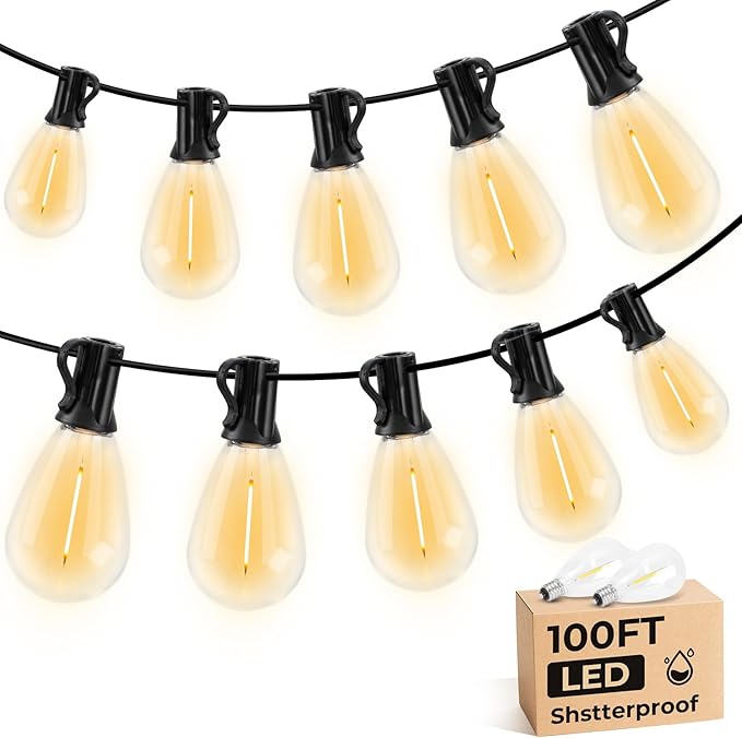 S11 LED Outdoor String Lights 100FT, Shatterproof & Waterproof Patio Lights with 32 Plastic Bulbs for Porch, Deck, Garden, Backyard, Balcony, 2700K Dimmable