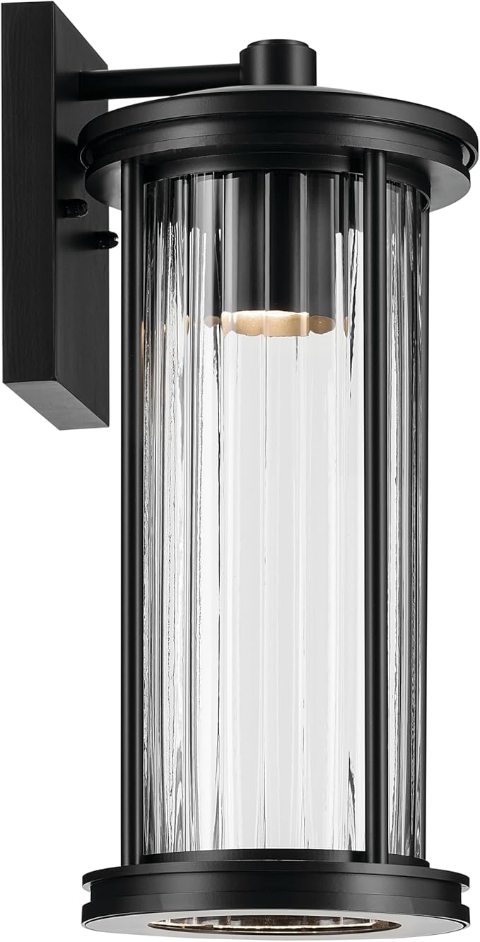 Kichler Barras 16" 1-Light Outdoor DarkSky Approved Wall Sconce with Clear Ribbed Glass in Black, Vertical Mount | Lumora