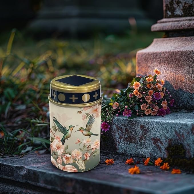 Poceacles Outdoor Solar Stake Light Cemetery Memorial Candle, Hummingbird Flower Beige