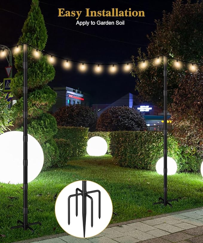 10Ft String Light Poles for Grass & Soil, Outdoor Light Stand with 5-Prong Fork Base, Heavy-Duty Metal Poles for | Lumora