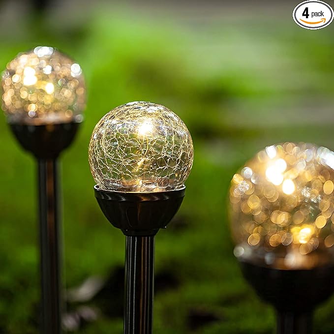 4Pack Solar Glass Crackle Ball Pathway Light Outdoor Waterproof Solar Garden Path Lights Landscape Lighting Decoration (Warm White)