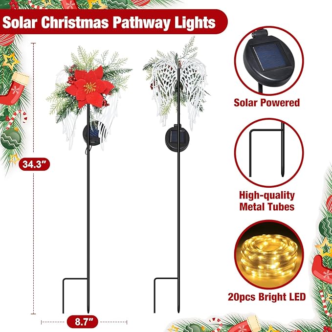 Solar Christmas Lights Outdoor Decorations, Angel Wings Garden Stake Lights Waterproof with Poinsettia Decor for Pathway, Patio, Yard, Lawn