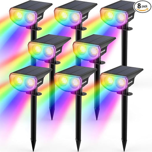 Kyosho IP67 Waterproof Color Solar Spot Lights Outdoor, Color Changing Outdoor Halloween Lights, RGBW Multicolor Solar Spotlight with 9 Modes for Lawn, Pathway, Yard, 8 Pack