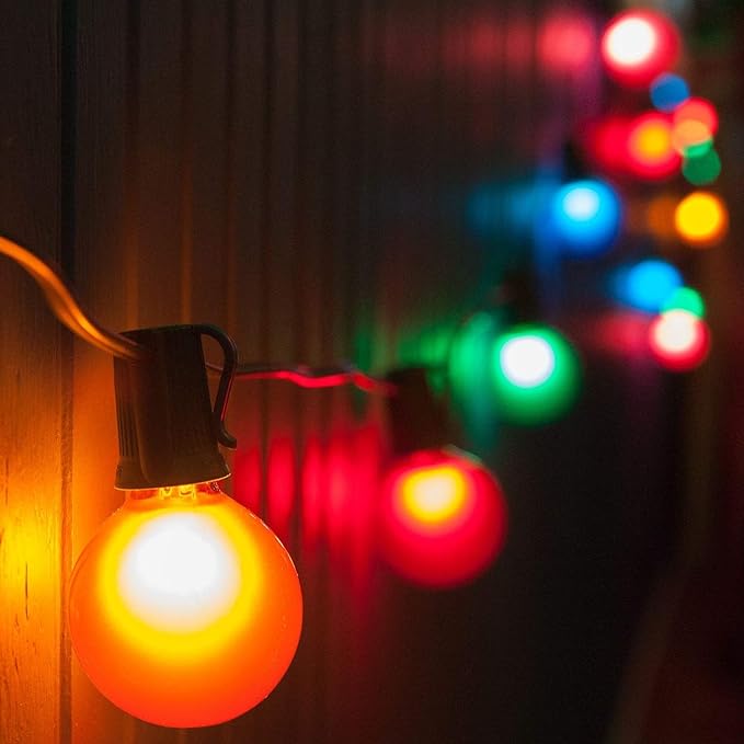 Hometown Evolution, Inc. 25 Foot Outdoor Colored String Lights - G50 Assorted Satin Pearl 2 Inch Globe Bulbs - Black Wire (+ 1 Free Spare) for Patio Balcony Awning Canopy and Party Lighting