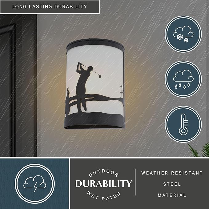 VAXCEL Links 1-Light 8 in. Wide Black Indoor-Outdoor Flush Mount Wall Sconce with Metal Golfer Cutout and Frosted | Lumora