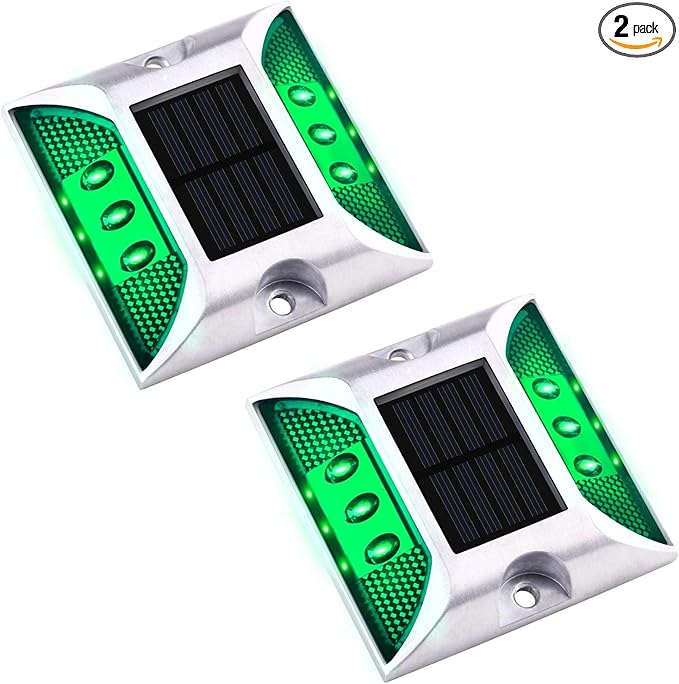 Aolyty Solar Driveway Dock Lights, IP68 Waterproof Solar Deck Light Outdoor Warning Step Lights Reflective Road Marker for Sidewalk Stair Garden Pathway Walkway (2 Pack, Green)