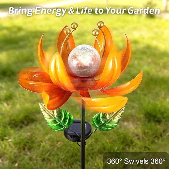 Outdoor Solar Lights Garden Decor,Wind Spinner Yard Decorations for Outside, Lotus Garden Windmill with LED Cracked Crystal Waterproof Flower Sculpture for Patio Lawn Gardening Gifts