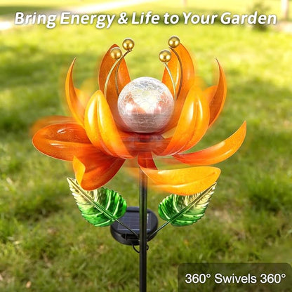 Outdoor Solar Lights Garden Decor,Wind Spinner Yard Decorations for Outside, Lotus Garden Windmill with LED Cracked Crystal Waterproof Flower Sculpture for Patio Lawn Gardening Gifts