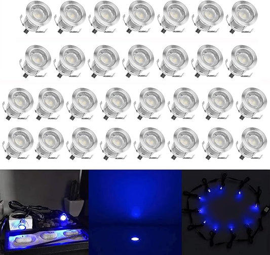 Low Voltage LED Deck Light Kit Stainless Steel Waterproof Recessed Wood Decking Stairs Garden Yard Patio Decor Lamp Outdoor LED Lighting (Blue, 30pcs)