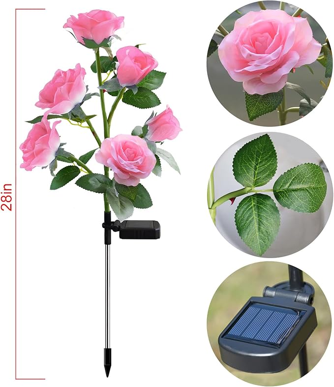 [Upgraded 6 Flowers]Solar Garden Decorative Artificial Flowers Lights, Outdoor Waterproof Rose Stake Light for Country Yard Front Porch Step Pathway Memorial Cemetery Grave Gravesite Decor,Pink