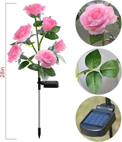 [Upgraded 6 Flowers]Solar Garden Decorative Artificial Flowers Lights, Outdoor Waterproof Rose Stake Light for Country Yard Front Porch Step Pathway Memorial Cemetery Grave Gravesite Decor,Pink