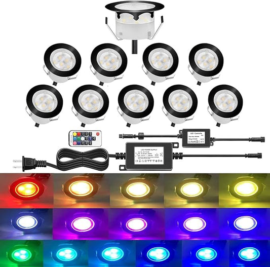 Outdoor Deck Lights Waterproof Multi Color RGB Stainless Steel Outdoor Decoration Lights for Yard Garden Recessed Wood Landscape Pathway Patio Step Stairs (10 Pack,Black Border)