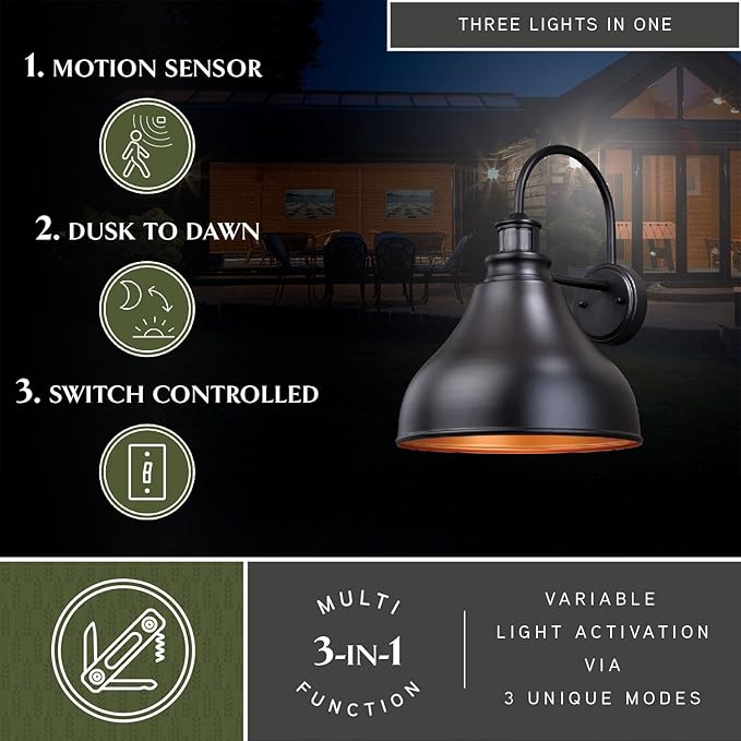VAXCEL Delano Bronze Motion Sensor Dusk to Dawn Farmhouse Barn Dark Sky Outdoor Wall Light | Lumora