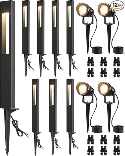 SUNVIE 12-Pack Low Voltage Pathway Lights Wired with Spotlights LED Outdoor Landscape Lighting Kit for Path, Garden, Yard, Patio, Cast-Aluminum, IP65 Waterproof, 12-24V AC/DC, 3000K Warm White, Black