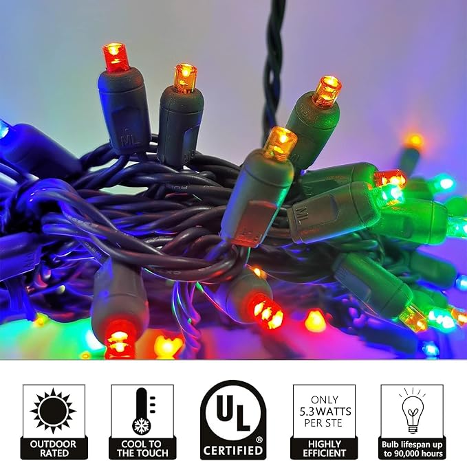 Christmas String Light 50 Multi-Colored 5mm LED Mini Christmas Light, 120V UL, Plug in Halloween Light Set 17ft Green Wire Connectable for Outdoor and Indoor Xmas Tree Wedding Party Decor