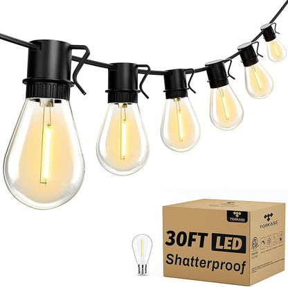 Torkase Outdoor String Lights Commercial 30FT with 10+1 S14 Shatterproof Bulbs 2200K Warm White Waterproof Dimmable Patio Lights for Backyard Porch Bistro