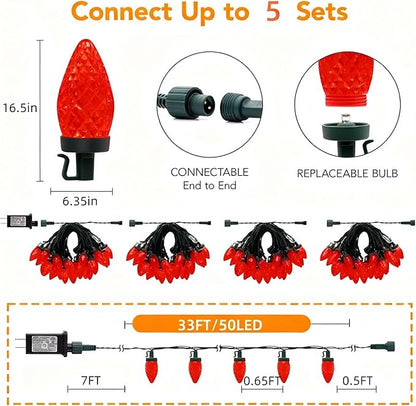 C9 LED Christmas Lights Outdoor,33 Feet 50 LED 8 Lighting Modes Waterproof Connectable Christmas String Lights for Outside Roofline Patio Home Xmas Decorations (Red)