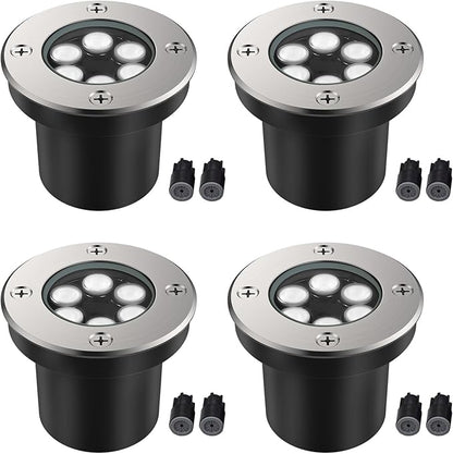 JESLED Low Voltage Landscape Lights, 6W LED Well Lights IP67 Waterproof, 6000K Bright White In-Ground Lights with Wire Connectors for Pathway, Deck, Patio, Yard, Garden (4 Pack)