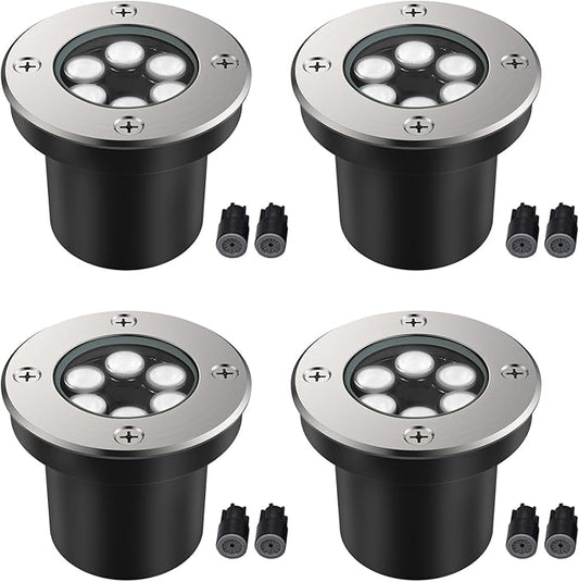 JESLED Low Voltage Landscape Lights, 6W LED Well Lights IP67 Waterproof, 6000K Bright White In-Ground Lights with Wire Connectors for Pathway, Deck, Patio, Yard, Garden (4 Pack)