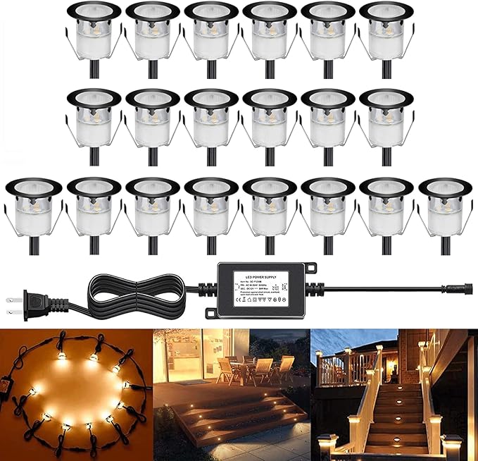 Recessed LED Deck Lighting Kits 12V Low Voltage Warm White Waterproof IP67,Led In Ground Lighting for Steps,Stair,Patio,Floor,Pool Deck,Kitchen,Outdoor Black Border LED Landscape Lighting(20pcs)