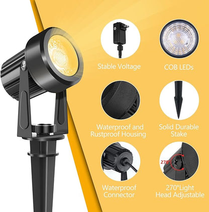 LED Spotlights Outdoor,Low Voltage Landscape Lighting IP65 Waterproof with US Plug, 3000K Warm White Outdoor Spot Lights for Yard Flag Pole House Garden Tree(6-in-1)