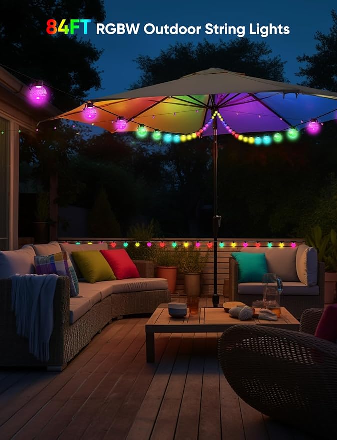 Outdoor String Lights 50FT, 25 Dimmable Color Changing LED Patio Lights with 54 Scene Modes, Warm White LED Bulbs for Outside, Christmas, Work with Alexa, Google, APP Control, IP65 Waterproof