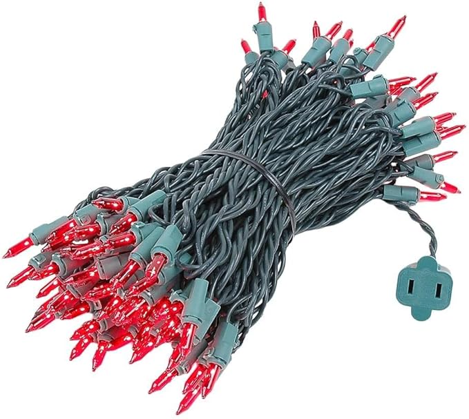 Novelty Lights 50 Feet 100 Bulbs Traditional Incandescent Mini Lights, Red on Green Wire with 6" Spacing, Commercial Grade and UL Listed for Indoor/Outdoor Use, End-to-End Connectable