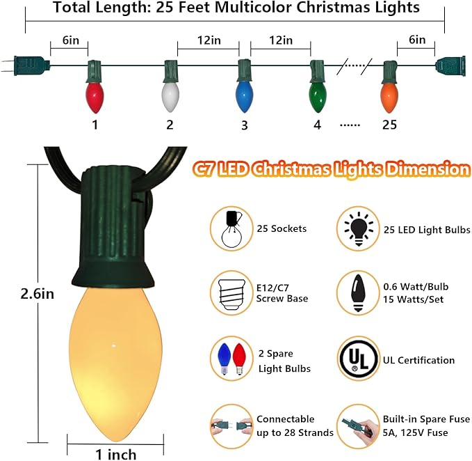 C7 LED Christmas Lights Outdoor 25Ft Vintage Christmas Lights with 27 Shatterproof Colored LED Bulbs(2 Spare), Connectable Old Fashioned Xmas Light for Patio Holiday Party Wedding Xmas Tree Decor