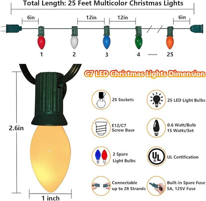 C7 LED Christmas Lights Outdoor 25Ft Vintage Christmas Lights with 27 Shatterproof Colored LED Bulbs(2 Spare), Connectable Old Fashioned Xmas Light for Patio Holiday Party Wedding Xmas Tree Decor