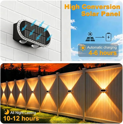 Fence Lights Solar Powered: Outdoor Wall Lighting IP65 Waterproof - Dual Focused LED Up Down - 3000K–6000K 3 Modes for Porch Backyard Patio - Diamond Crystal Cut Design 6 Pack