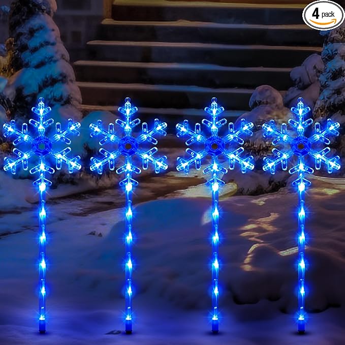 Solar Christmas Pathway Lights Outdoor Decorations, Solar Powered Snowflake Lights, Waterproof Xms Garden Stake Lights Outdoor Christmas Decorations for Patio Yard Porch Lawn, 4 Pack(Blue)