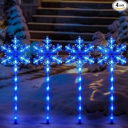 Solar Christmas Pathway Lights Outdoor Decorations, Solar Powered Snowflake Lights, Waterproof Xms Garden Stake Lights Outdoor Christmas Decorations for Patio Yard Porch Lawn, 4 Pack(Blue)