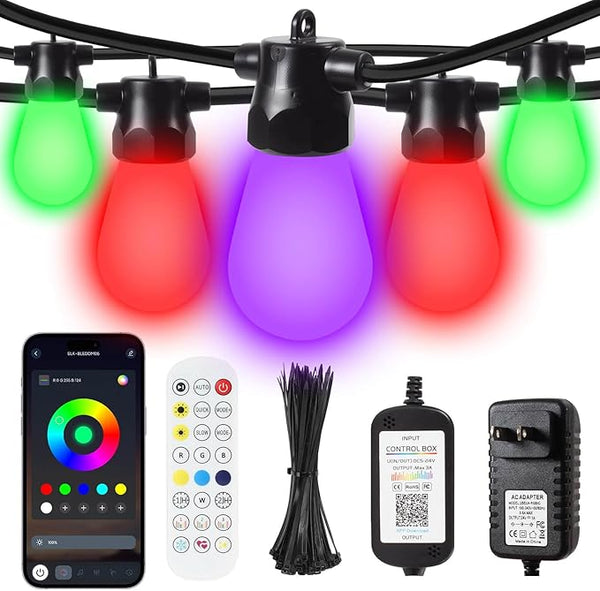 100ft Outdoor String Lights, RGBW Patio Lights with 30 LED Dimmable Bulbs, App & Remote Control, IP68 | Lumora