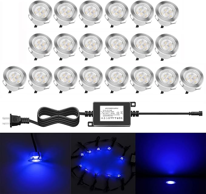 Low Voltage LED Deck Lighting Kit Stainless Steel 1W Waterproof Outdoor Yard Garden Decoration Lamps Landscape Pathway Patio Step Stairs LED In-ground Lights Silver Border(20pcs,Blue)