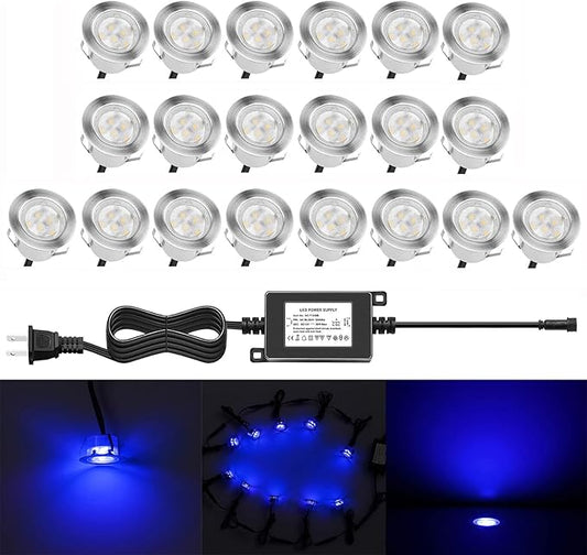 Low Voltage LED Deck Lighting Kit Stainless Steel 1W Waterproof Outdoor Yard Garden Decoration Lamps Landscape Pathway Patio Step Stairs LED In-ground Lights Silver Border(20pcs,Blue)
