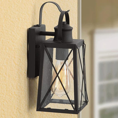 LALUZ Outdoor Wall Lantern, Farmhouse Exterior Porch Light, Outside Weather-Resistant Wall Mount Sconce with Seeded Glass for Patio Garage, Matte Black, ETL Listed, 60W