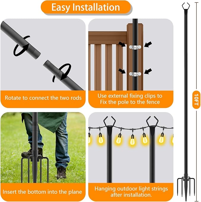 10 Pack 10 FT String Light Poles,Metal with Fork Lights Poles for Outdoor String Light, Rustproof Heavy Duty for | Lumora