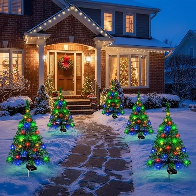 Solar Christmas Tree Lights Holiday Decorations, Outdoor Courtyards Solar Powered Artificial Xmas Tree for Yard Porch Pathway, LED Mini Christmas Decor for Outside Garden Patio Lawn(8PCS)