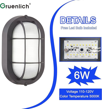GRUENLICH LED Bulkhead Light, Flush Mount for Wall or Ceiling, 6W, 600 Lumen, Dimmable 5000K Daylight White, Aluminum Housing, Outdoor Rated, Black Finish, 2-Pack