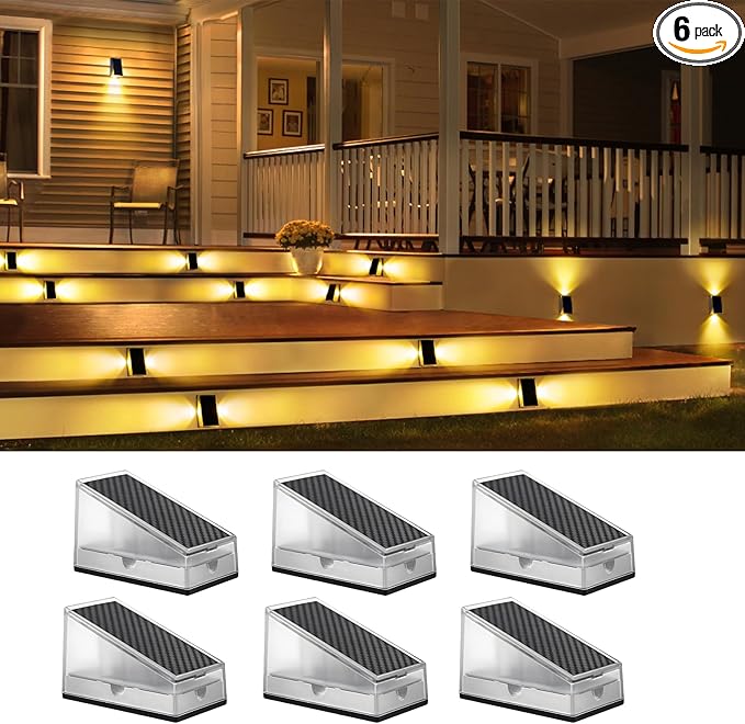 6 Pack Solar Stair Lights, 11 Lighting Modes, Waterproof IP65, Outdoor Step Lights for Porch, Patio, Wall, Walkway, Garden, Deck