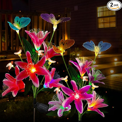 Solar Flower Lights Outdoor Garden Decor,2Pack Color Changing lilies flowers with Flying Butterfly and Bee,22LED Lily Solar Garden lights Outside for Path Yard Patio Lawn Party Mom day Decor