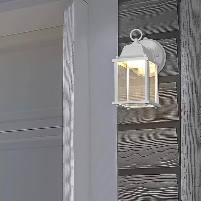 Maxxima LED Porch Lantern Outdoor Wall Light - White with Clear Glass, 3000K Warm White, 650 Lumens, Dusk to Dawn Photocell Light Sensor, Patio or Porch Sconce Fixture, Exterior Lighting - White