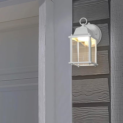 Maxxima LED Porch Lantern Outdoor Wall Light - White with Clear Glass, 3000K Warm White, 650 Lumens, Dusk to Dawn Photocell Light Sensor, Patio or Porch Sconce Fixture, Exterior Lighting - White