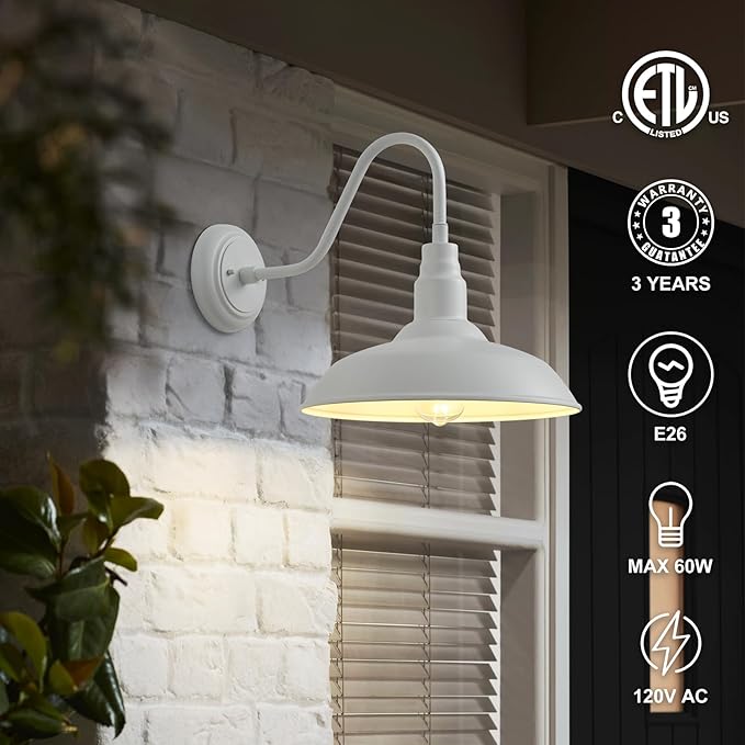 10 Inch Dome Outdoor Gooseneck Barn Lights for Porch, Farmhouse Exterior Light Fixture with Wall Mount, Matte White | Lumora