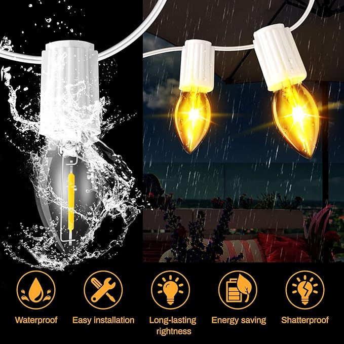 LED Canopy and Umbrellas Lights, 23 Ft LED Outdoor String Lights with Shatterproof Plastic 8LED C7 E-12 Light Bulbs, Waterproof, C Battery Powered, Super Bright to Display at Night Outdoors