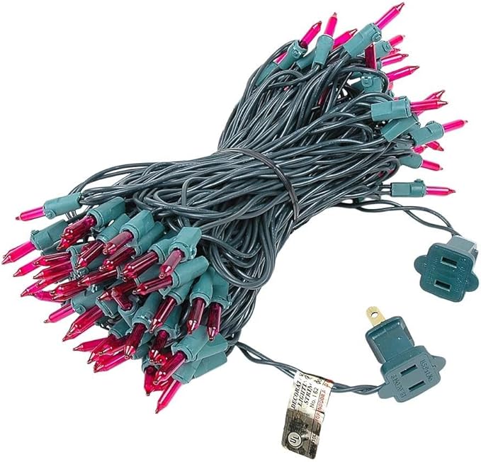 Novelty Lights 50 Feet 100 Bulbs Traditional Incandescent Mini Lights, Pink on Green Wire with 6" Spacing, Commercial Grade and UL Listed for Indoor/Outdoor Use, End-to-End Connectable