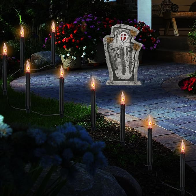 SUNSGNE Halloween Pathway Marker String Lights - 19.5Ft Outdoor Walkway Lights with 10 Black Blood Tears Candle Light Stakes for Lawn, Yard, Sidewalk, Garden Decoration