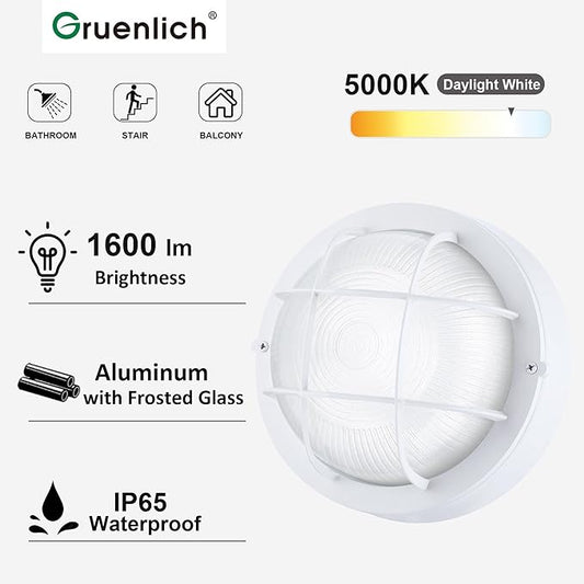 GRUENLICH 8'' Round LED Bulkhead Light, Outdoor Wall Lights Dimmable, Sauna & Exterior Lighting, ETL Rated, 15W 1600 Lumen, 5000K Daylight White, White Cast Aluminum, Wall/Ceiling Mount, 1 Pack