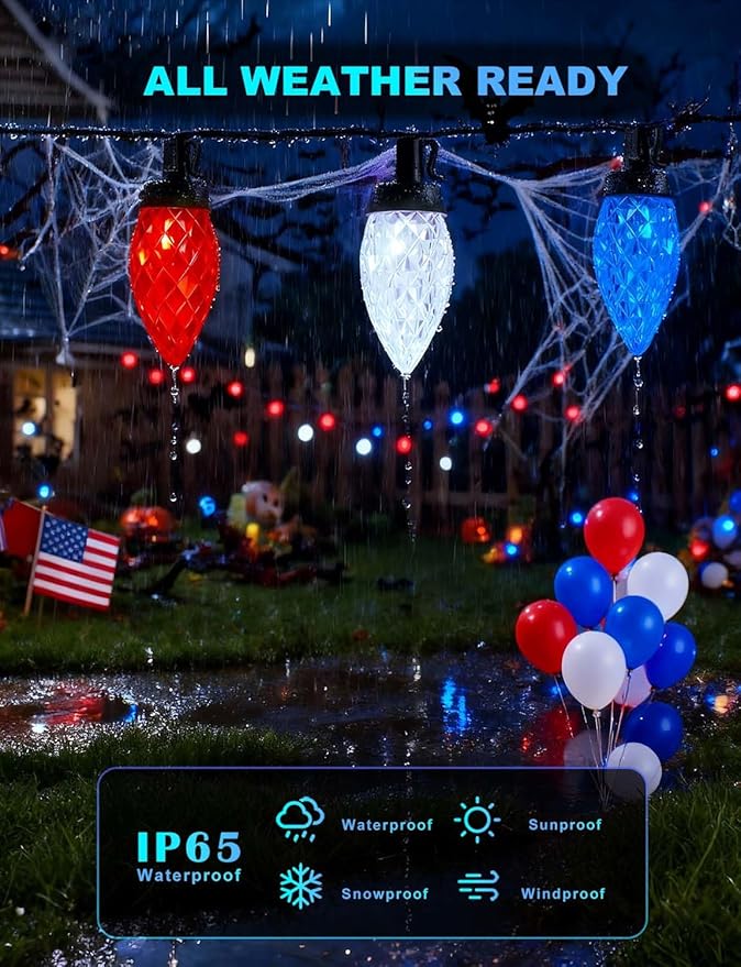 4th of July Decorations C7 Bulb Solar String Lights Outdoor Waterproof 50 LED Red White Blue Solar Lights for Independence Day President Memorial Day Christmas Party Patriotic Decorations