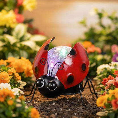 Solar Lights Outdoor Ladybug Decor with Crackle Glass Globe Lights - Cute Metal Ladybug Decor for Yard Lawn Patio Porch Pathway Tabletop, Housewarming Gifts for Mom Women